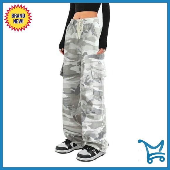 Women's Cargo Pants Wide Leg Drawstring 6 Pockets Casual Streetwear - Picture 2 of 4